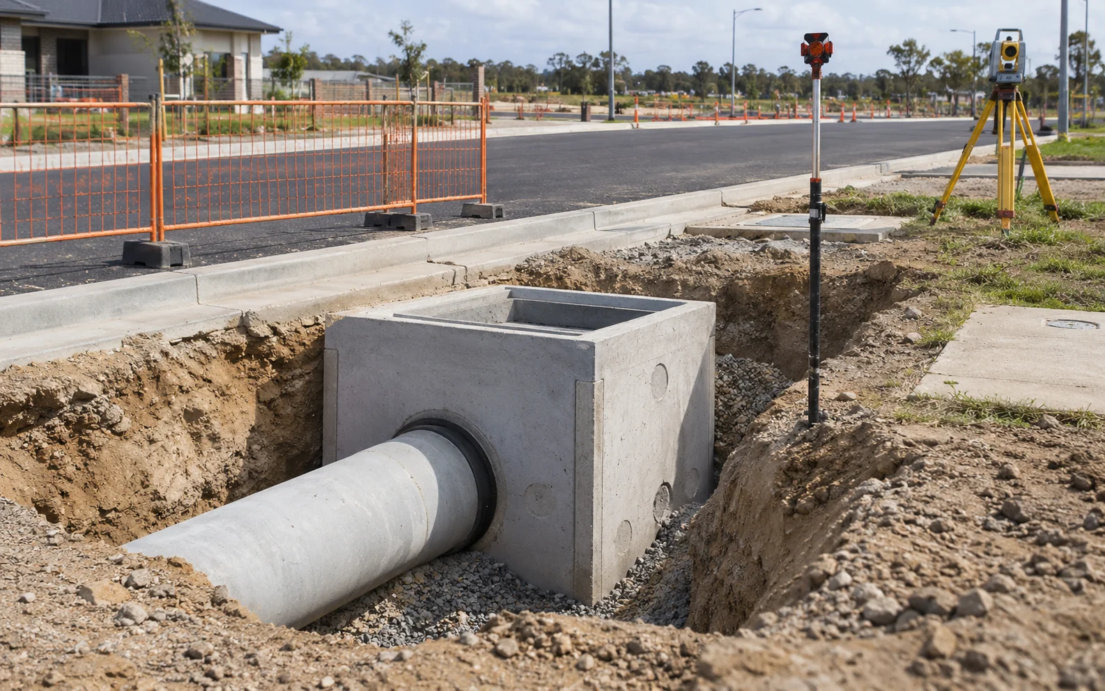 Illustration of a concrete stormwater pit and connected pipe in an open trench, with a survey prism on a pole nearby and a total station on a tripod behind, beside a kerb, road and safety barriers.