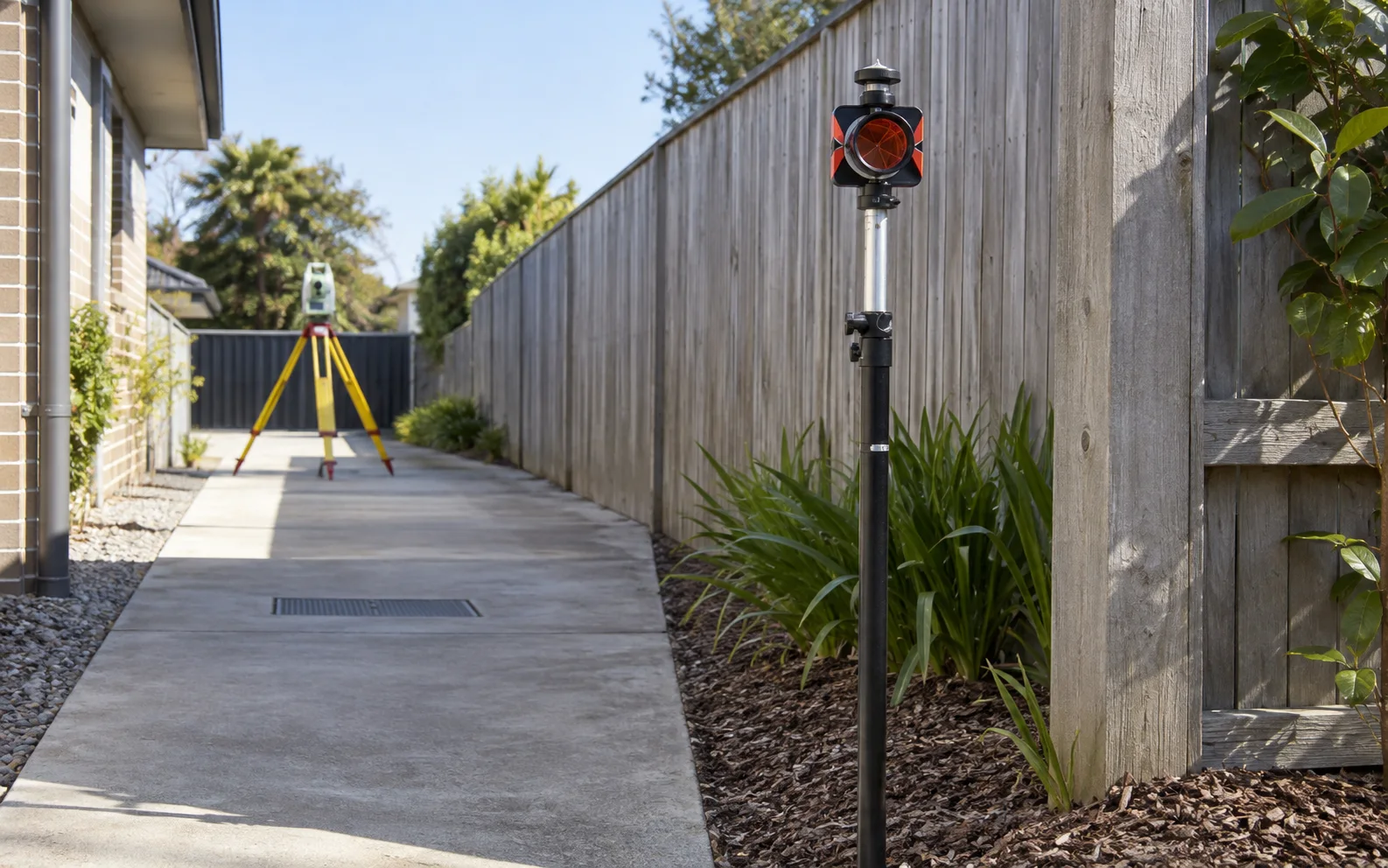 Red survey prism on a pole beside a timber fence and planted strip along a concrete access path, with a total station on a tripod in the distance and a house on the left.