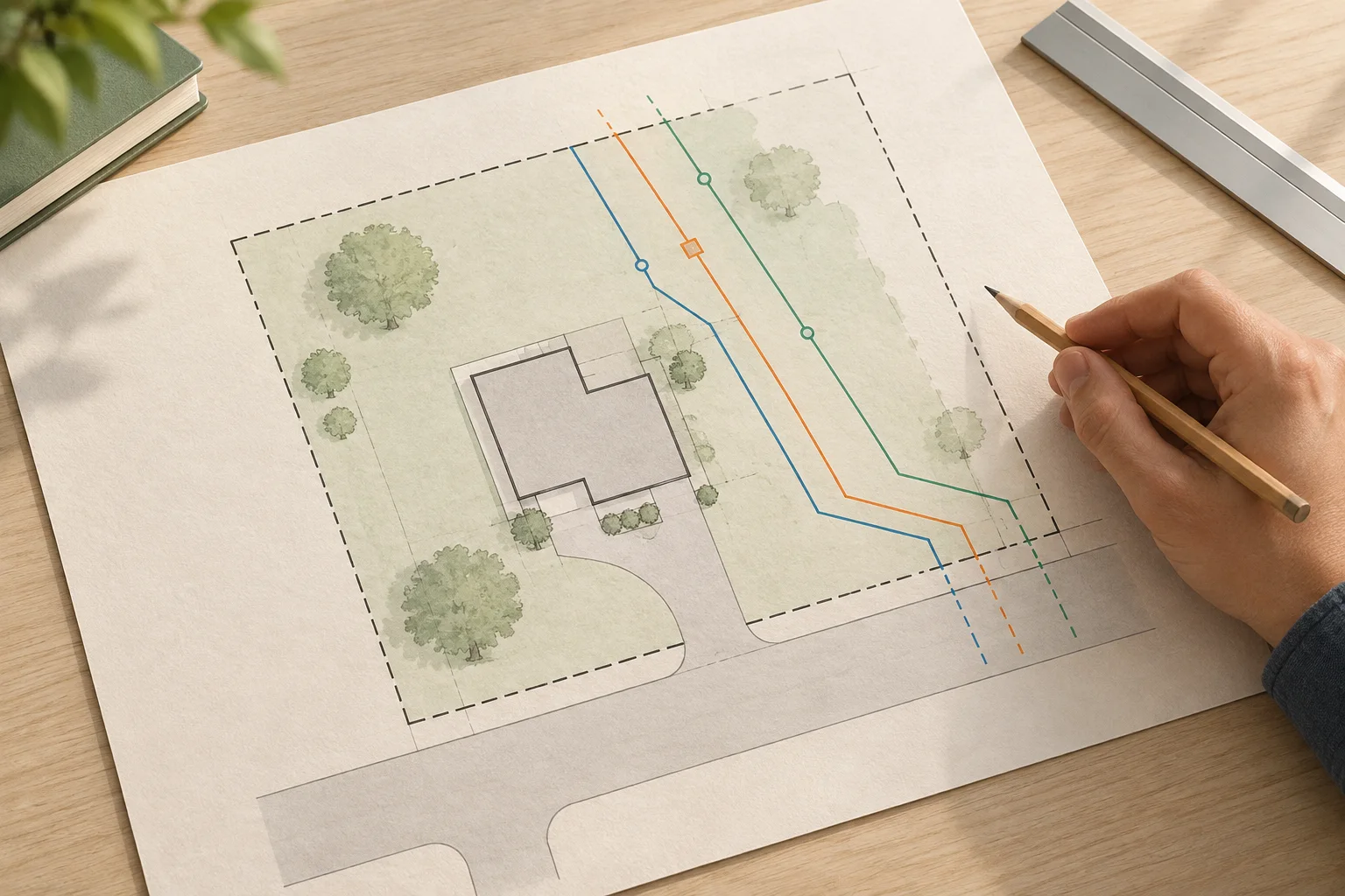 Illustration of a hand holding a pencil beside a simple lot and building drawing with three coloured lines on paper.