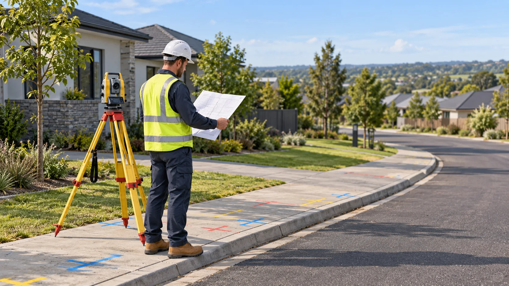 Illustration of a person in a high-visibility vest reviewing a paper plan beside a tripod surveying instrument, with coloured marks on pavement.