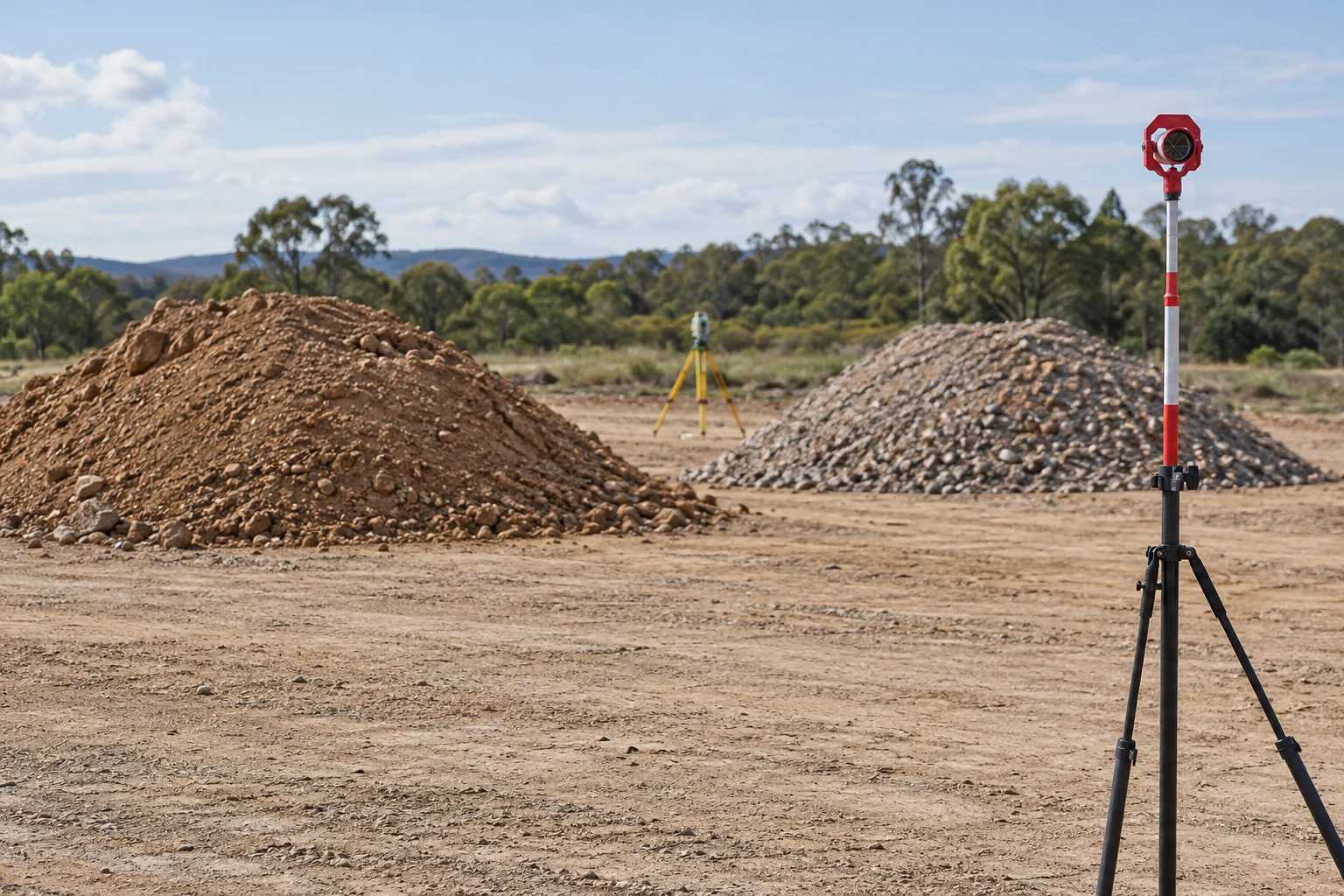 Illustration of a red survey prism on a pole in the foreground, with a soil pile and a gravel pile on a cleared earth site