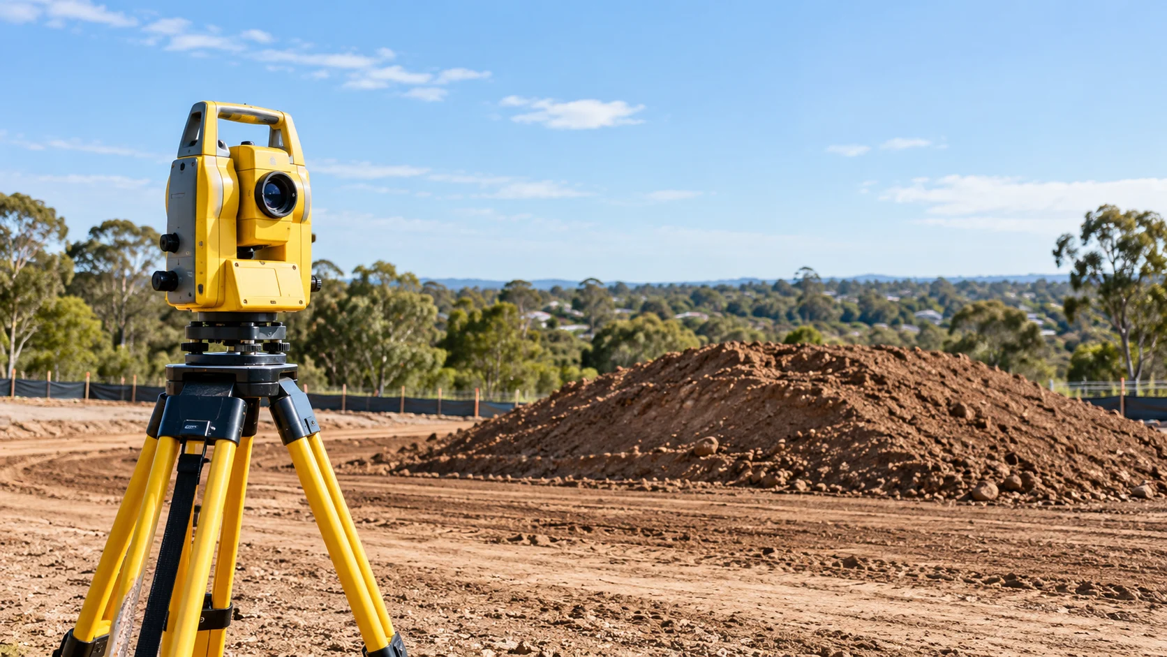 Illustration of a yellow surveying instrument on a tripod beside a soil pile on a bare earth site under a blue sky